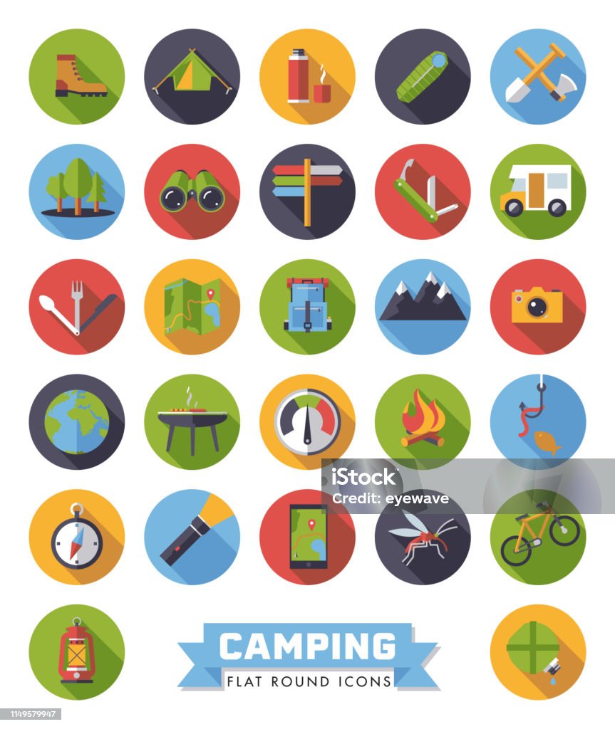 Flat Design Camping and Outdoor Pursuits Icons Set of 27 flat design long shadow camping, hiking and outdoor pursuit round vector icons Icon Symbol stock vector