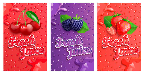 ilustraciones, imágenes clip art, dibujos animados e iconos de stock de conjunto de mora, cereza y zumo de fresa fresca. - juicy