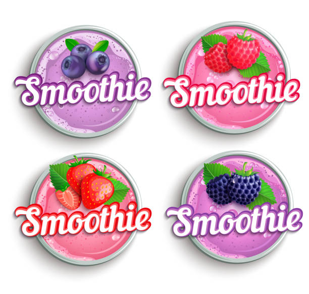 illustrations, cliparts, dessins animés et icônes de ensemble de fraises, mûres, framboise, myrtilles, des emblèmes de smoothie frais. - milk shake smoothie blackberry isolated