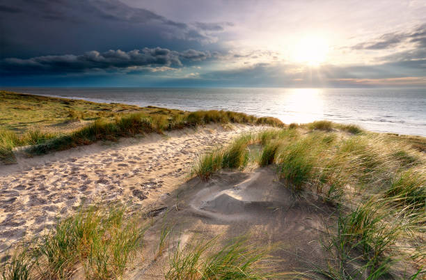 istock sunshine over sand path on dune to North sea beach 1149584835