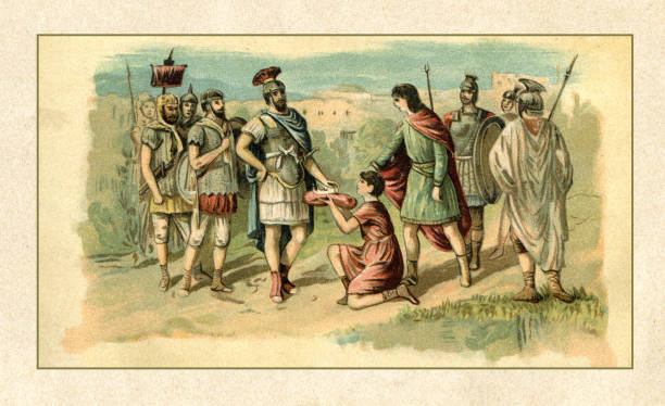 rzymski cesarz romulus augustus abdykować przez odoacer - ancient rome illustration and painting engraving engraved image stock illustrations