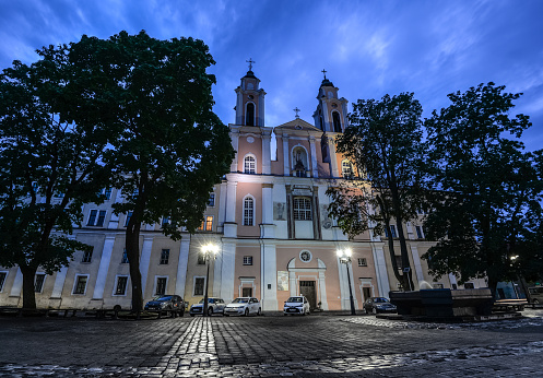 Kaunas, Lithuania - August 19, 2017: Night view on the Church of St. Francis Xavier is located in the Old Town of Kaunas, Lithuania.