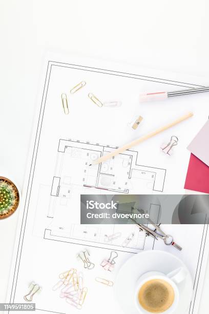 Interior Designer Table Workplace With House Plan Stock Photo ...