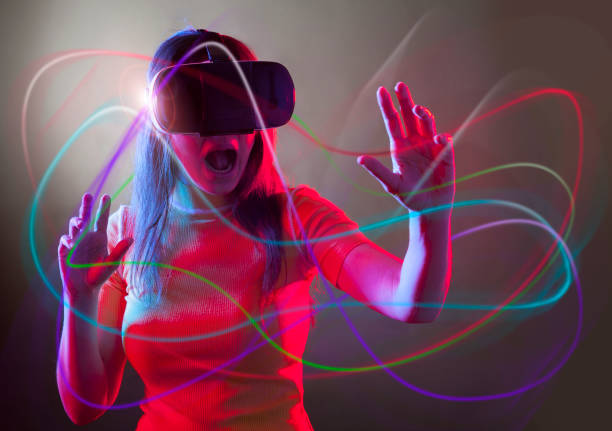 istock Young girl with VR goggles on head 1149593832