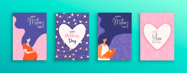 illustrations, cliparts, dessins animés et icônes de ensemble de carte de fête des mères de mamans avec bébé - nature human pregnancy vector mother