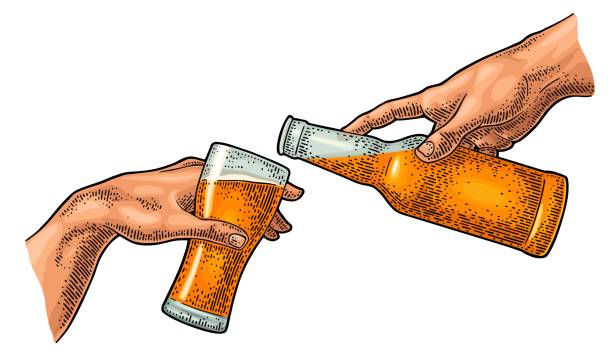 illustrazioni stock, clip art, cartoni animati e icone di tendenza di dito maschio versando birra dalla bottiglia nel bicchiere. la creazione di adamo. - michelangelo