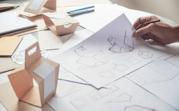 Photo of Designer sketching drawing design Brown craft cardboard paper product eco packaging mockup box development template package branding Label . designer studio concept .