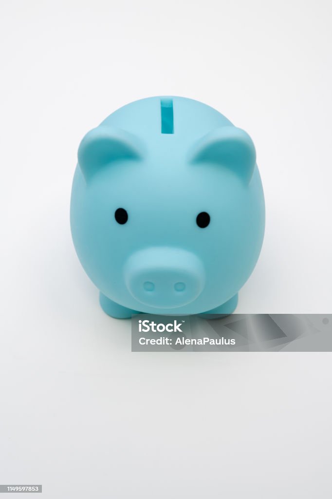 Cute Blue Little Piggy Bank on white Cute Little Piggy Bank on white Blue Stock Photo
