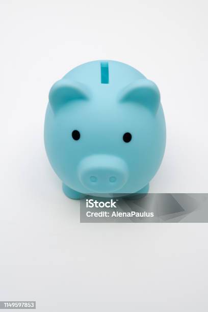 Cute Blue Little Piggy Bank On White Stock Photo - Download Image Now - Blue, Coin, Finance