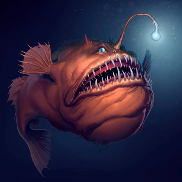 istock Angler fish on background of dark blue water realistic illustration. 1149600991