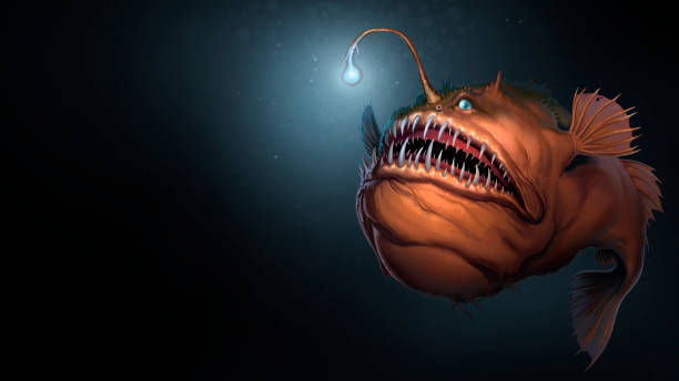 ilustraciones, imágenes clip art, dibujos animados e iconos de stock de pescador de peces en el fondo de agua azul oscuro arte de ilustración realista. - anglerfish