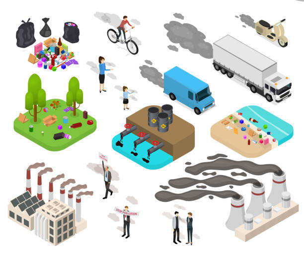 экология загрязнение знак 3d значок установить изометрический вид. вектор - factory pollution smoke smog stock illustrations