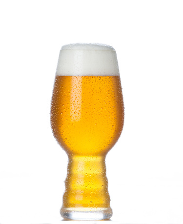 Lager beer in pint glass on white background