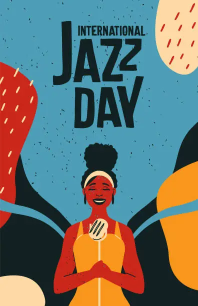 Vector illustration of International Jazz Day retro poster of woman singer