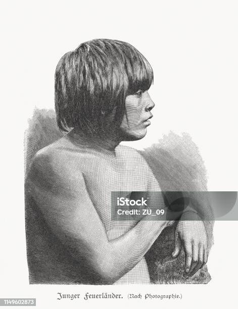 Young Indigenous Man Of Tierra Del Fuego Woodcut Published 1897 Stock Illustration - Download Image Now