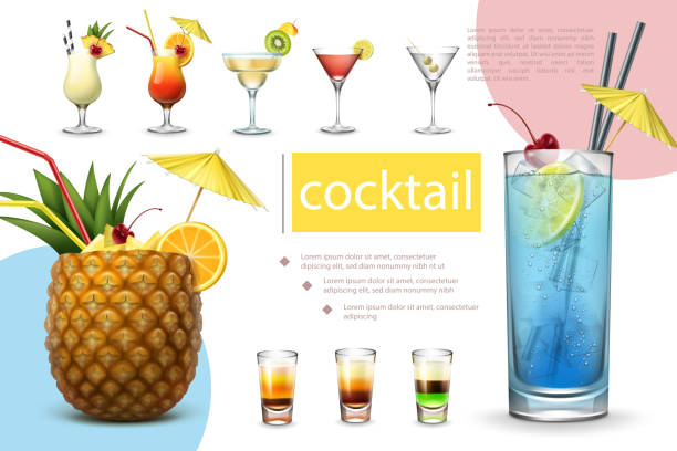 realistische sommer-cockol-sammlung - drink umbrella stock-grafiken, -clipart, -cartoons und -symbole