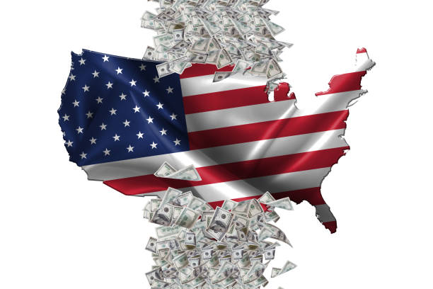 istock Wavy Flag USA Map and Dollar Banknotes Flying 1149604899