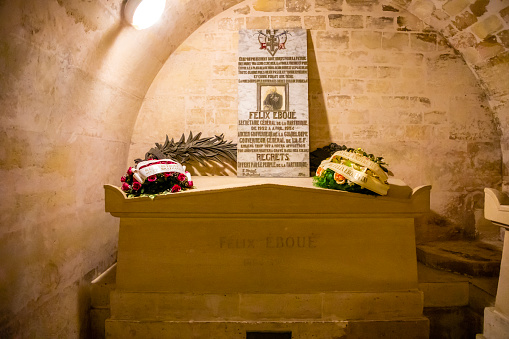 Paris, France - April 24, 2019: Felix Eboue tomb in the crypts of French Mausoleum for Great People of France - the Pantheon, Paris, France