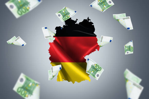 Wavy flag, Germany map with European cash euro banknotes flying around.
