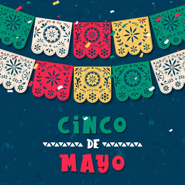 Cinco de Mayo paper flag card for mexico holiday Happy Cinco de Mayo greeting card illustration of papel picado garland for mexico independence celebration. Traditional papercut flags with flower decoration. papel picado illustrations stock illustrations