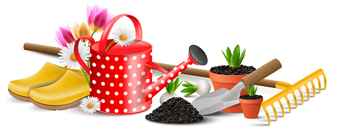 Garden vector symbol with gardening equipment, watering can and flowers