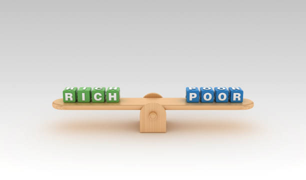 istock Seesaw with RICH POOR Buzzword Cubes - 3D Rendering 1149611811