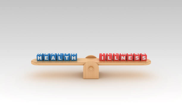 istock Seesaw with HEALTH ILLNESS Buzzword Cubes - 3D Rendering 1149611841