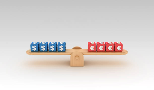 istock Seesaw with DOLLAR EURO Buzzword Cubes - 3D Rendering 1149611863