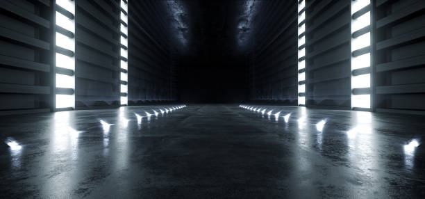 istock Futuristic Modern Sci Fi Concrete Hallway Corridor Tunnel Warehouse Underground Garage Grunge Dark Empty Reflection Showcase Stage White Blue Glow Spaceship 3D Rendering 1149612990