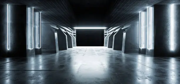 Futuristic Modern Sci Fi Concrete Hallway Corridor Tunnel Warehouse Underground Garage Grunge Dark Empty Reflection Showcase Stage White Blue Glow Spaceship 3D Rendering Illustration