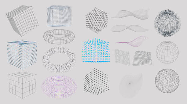 Set of 3D Elements Set of 3D Elements - particles, lines and blocks grid pattern stock illustrations
