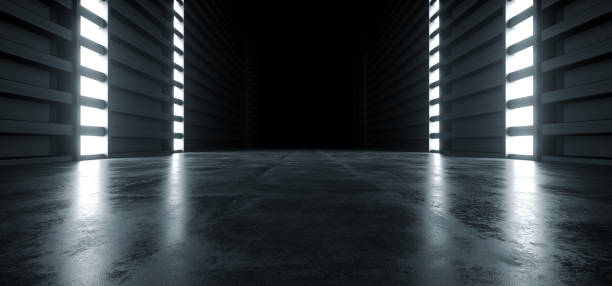 istock Futuristic Modern Sci Fi Concrete Hallway Corridor Tunnel Warehouse Underground Garage Grunge Dark Empty Reflection Showcase Stage White Blue Glow Spaceship 3D Rendering 1149613698