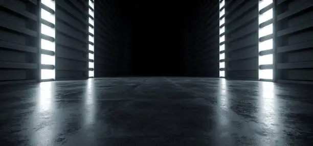 Photo of Futuristic Modern Sci Fi Concrete Hallway Corridor Tunnel Warehouse Underground Garage Grunge Dark Empty Reflection Showcase Stage White Blue Glow Spaceship 3D Rendering