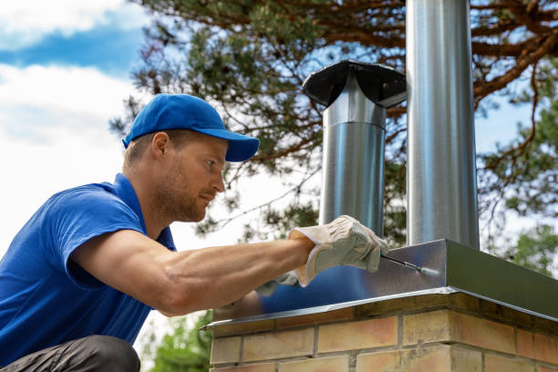 arbeiter auf dem dach installation zinnkappe auf dem ziegelkamin - kamin konstruktion stock-fotos und bilder