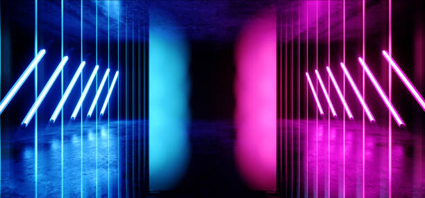 istock Psychedelic Abstract Futuristic Neon Fluorescent Sci Fi Vibrant Purple Blue Glow Laser Showcase Stage Dark Room Retro Modern Virtual Background Spaceship Corridor Tunnel Shapes 3D Rendering 1149614588
