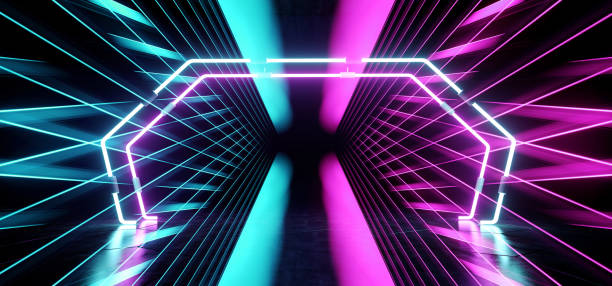 istock Psychedelic Abstract Futuristic Neon Fluorescent Sci Fi Vibrant Purple Blue Glow Laser Showcase Stage Dark Room Retro Modern Virtual Background Spaceship Corridor Tunnel Shapes 3D Rendering 1149614624