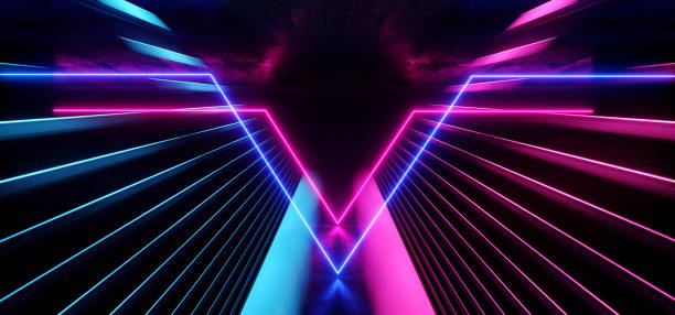 istock Psychedelic Abstract Futuristic Neon Fluorescent Sci Fi Vibrant Purple Blue Glow Laser Showcase Stage Dark Room Retro Modern Virtual Background Spaceship Corridor Tunnel Shapes 3D Rendering 1149614724