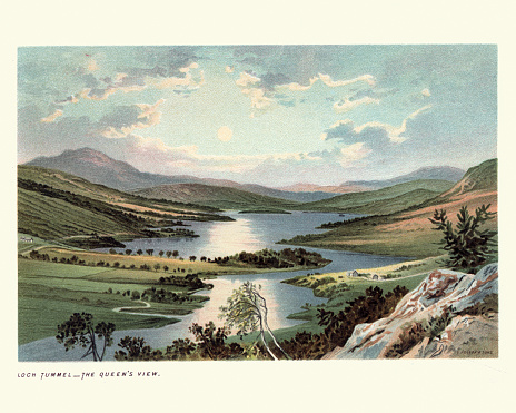 Vintage engraving of Loch Tummel, The Queen's view, Scotland, 19th Century. Loch Tummel (Scottish Gaelic: Loch Teimheil) is a long, narrow loch, 7 kilometres north west of Pitlochry in the council area of Perth and Kinross, Scotland.