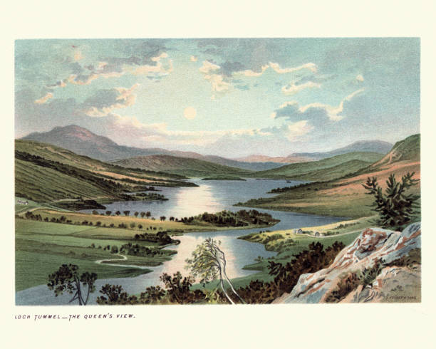 Loch Tummel, The Queen's view, Scotland, 19th Century Vintage engraving of Loch Tummel, The Queen's view, Scotland, 19th Century. Loch Tummel (Scottish Gaelic: Loch Teimheil) is a long, narrow loch, 7 kilometres north west of Pitlochry in the council area of Perth and Kinross, Scotland. pictures of valleys stock illustrations