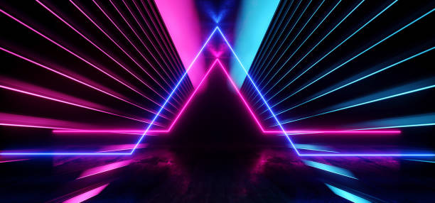istock Psychedelic Abstract Futuristic Neon Fluorescent Sci Fi Vibrant Purple Blue Glow Laser Showcase Stage Dark Room Retro Modern Virtual Background Spaceship Corridor Tunnel Shapes 3D Rendering 1149615064