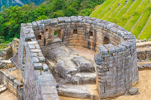 The most important inca construction of Machu Picchu is the Intiwatana, the astronomical observatory used to follow the path of the sun, Cusco Region, Peru.