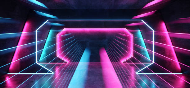 istock Psychedelic Abstract Futuristic Neon Fluorescent Sci Fi Vibrant Purple Blue Glow Laser Showcase Stage Dark Room Retro Modern Virtual Background Spaceship Corridor Tunnel Shapes 3D Rendering 1149615137