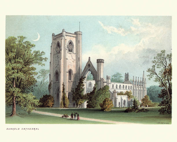 Vintage engraving of Dunkeld Cathedral is a Church of Scotland place of worship which stands on the north bank of the River Tay in Dunkeld, Perth and Kinross, Scotland. Built in square-stone style of predominantly grey sandstone, the cathedral proper was begun in 1260 and completed in 1501