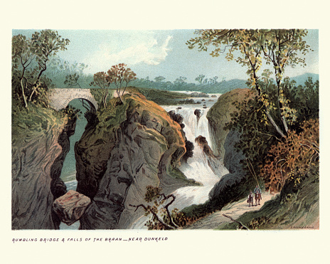 Vintage engraving of Rumbling Bridge, Falls of the Braan, near Dunkeld, Perth and Kinross, Scotland, 19th Century.