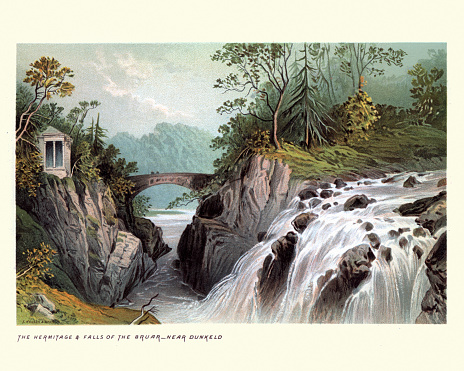 Vintage engraving of Scottish Landscape, Hermitage and Falls of Bruar, Scotland 19th Century. The Falls of Bruar are a series of waterfalls on the Bruar Water in Scotland, about 8 miles from Pitlochry in the council area of Perth and Kinross.