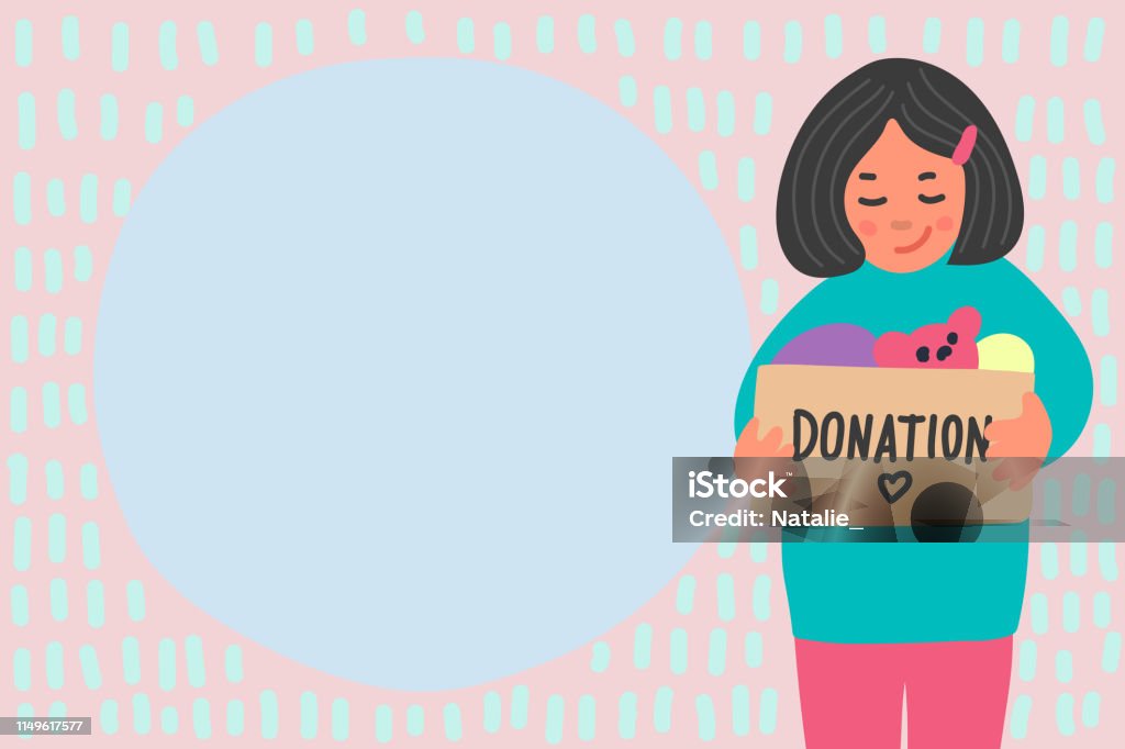 Clothes donation Clothes donation. Cute hand drawn girl holding donation box with place for your text. Children charity vector illustration. Baby Girls stock vector