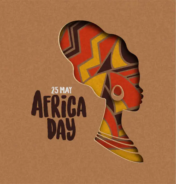 Vector illustration of Happy Africa Day card of african papercut woman