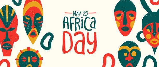 Vector illustration of May 25 Africa Day banner of tribal african mask