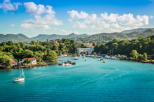 Panorama landscape with sea and mountains at the harbor of Castries in Saint Lucia, Eastern Caribbean