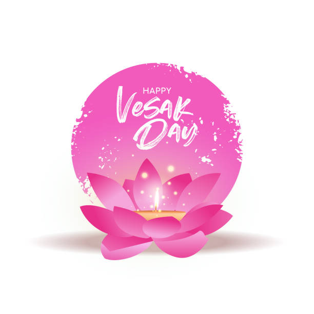 Vesak Day card of pink lotus flower and candle Happy Vesak Day greeting card for buddha birth holiday celebration. Pink lotus flower with candle inside. vesak day stock illustrations